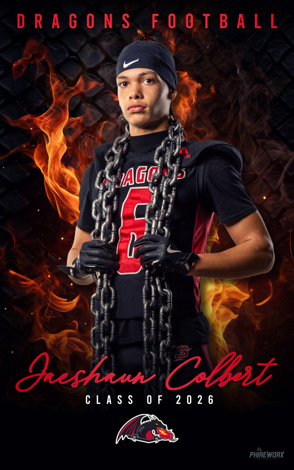 Dragons Football — individual senior banner with fire design