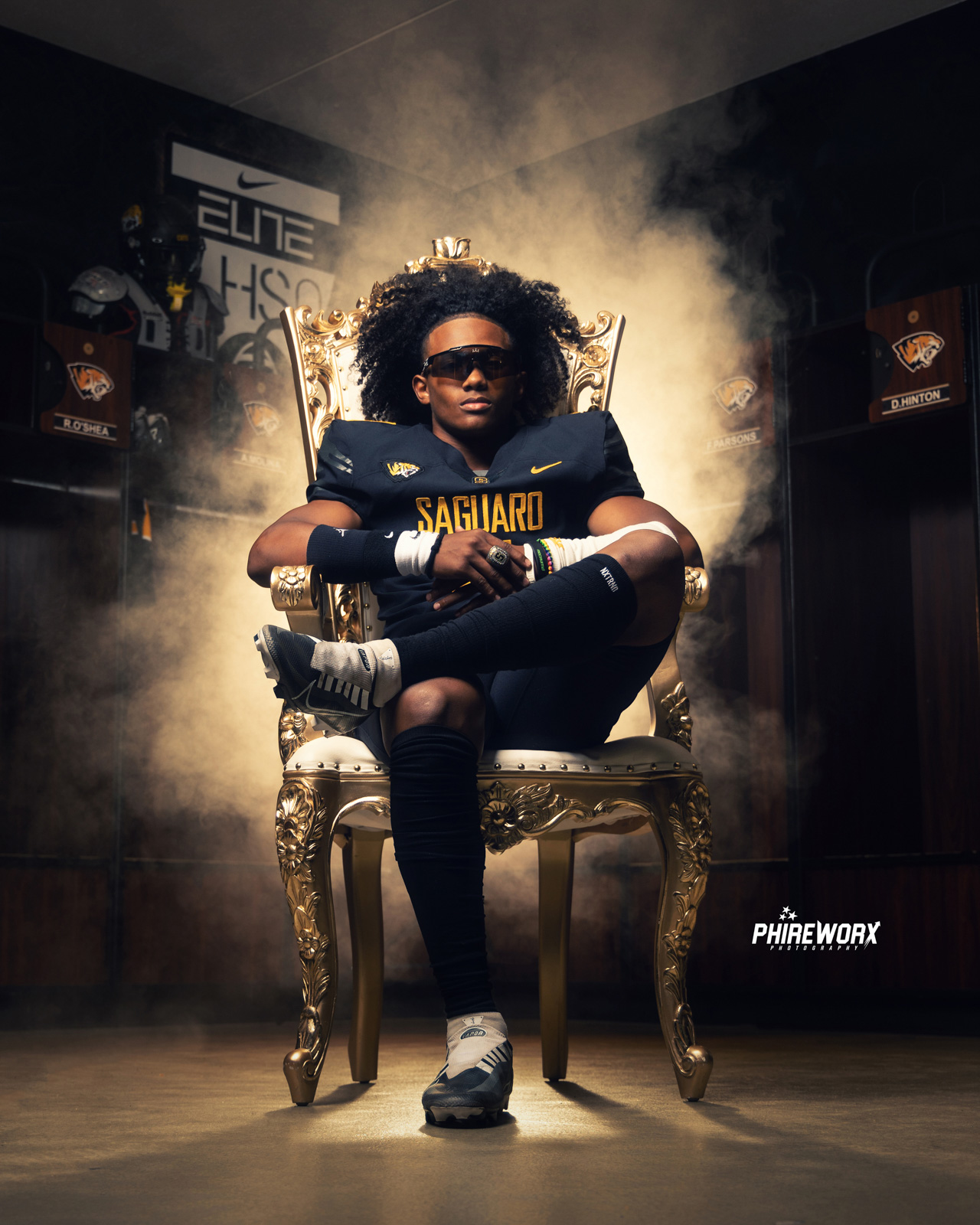 Saguaro football player on throne — Phireworx Media Day Experience